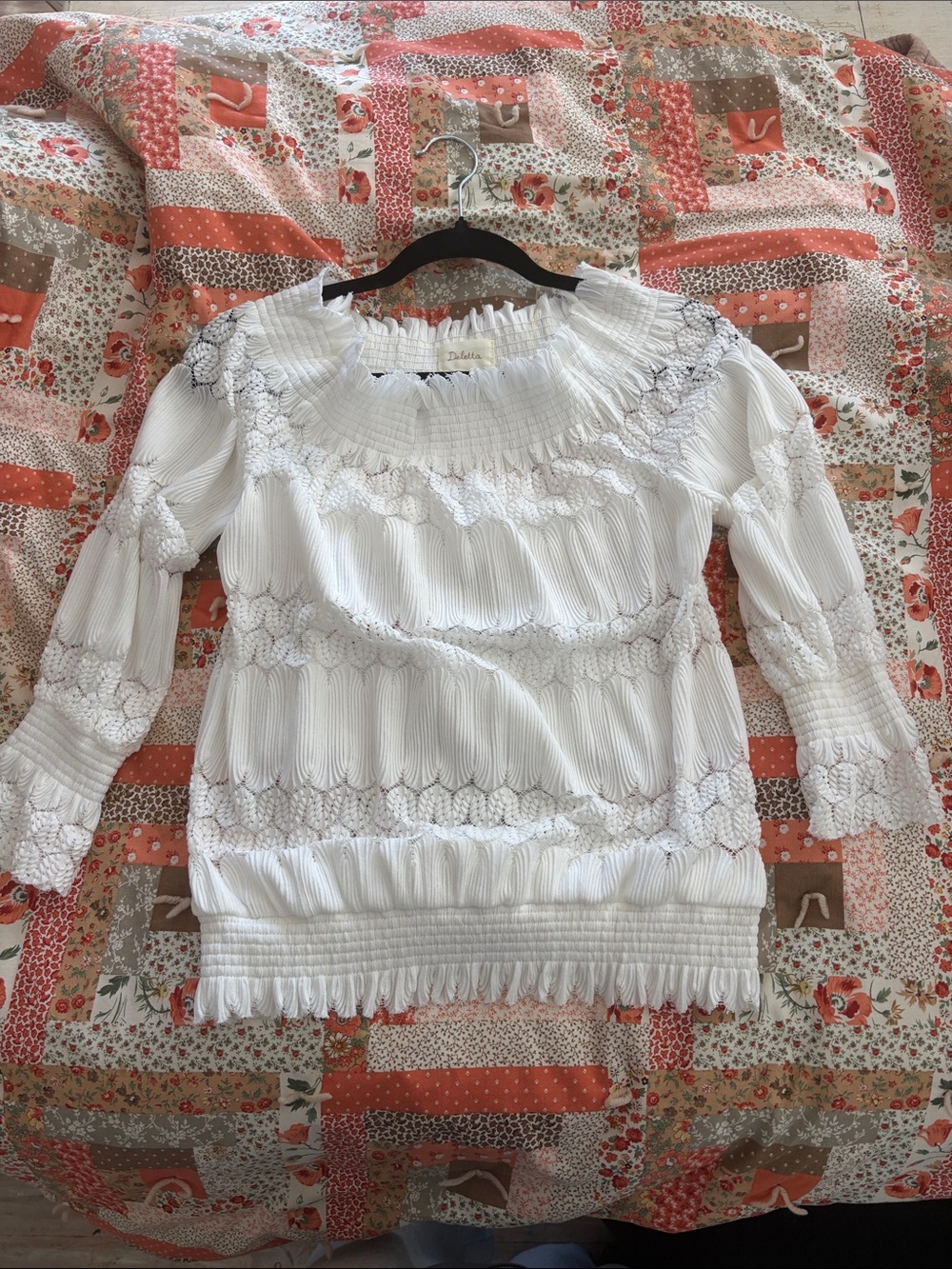 Deletta White Textured Smocked Ruffle Blouse